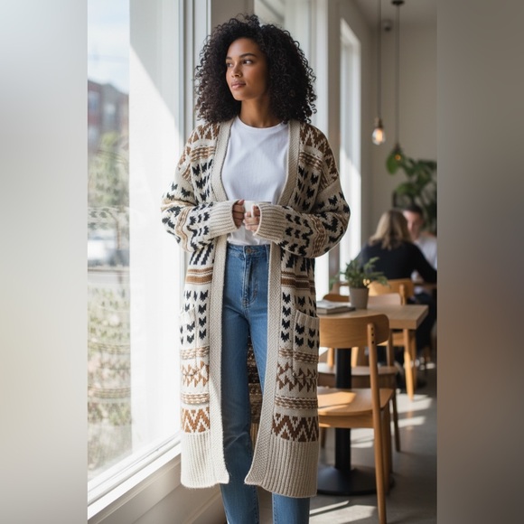 Pink Rose Sweaters - Pink Rose Boho Aztec Long Open Cardigan Cozy Fall Sweater Size S